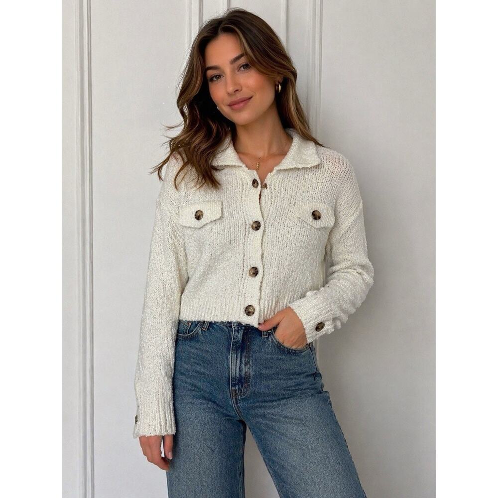 Pink Rose White Knit Cardigan Sweater Collared Button Front Women S